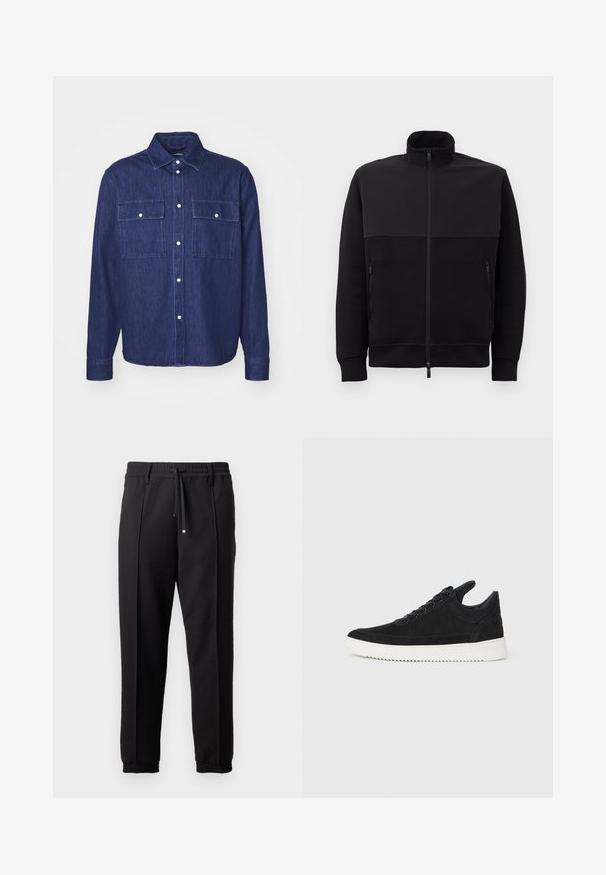 Chaqueta negra con cremallera completa y cuello alto, con dos bolsillos laterales con cremallera y puños acanalados, dispuesta sobre un fondo blanco.; Camisa de mezclilla oscura con cuello abotonado, dos bolsillos en el pecho y mangas largas. Presenta botones blancos y una ligera textura.; Pantalones negros con cinturilla, cordón y puños elásticos. Presentan pliegues y una tela lisa y texturizada.; Zapatilla de ante negra con suela de goma blanca, que presenta costuras en el mismo tono y un diseño de cordones. Textura suave con una forma moderna y aerodinámica.