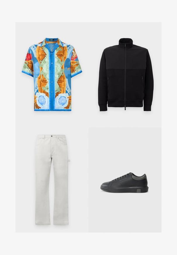 Black full-zip jacket with high collar, two zippered side pockets, and ribbed cuffs, laid flat on a white background.; Short-sleeve button-up shirt featuring a vibrant, multi-colored design with classical motifs, predominantly blue, orange, and green.; Light gray trousers with a straight fit, made of smooth cotton fabric, featuring front pockets and a side cargo pocket.; Black leather sneaker with a smooth finish, rounded toe, and dark grey accents. Features lace-up design and textured rubber sole.