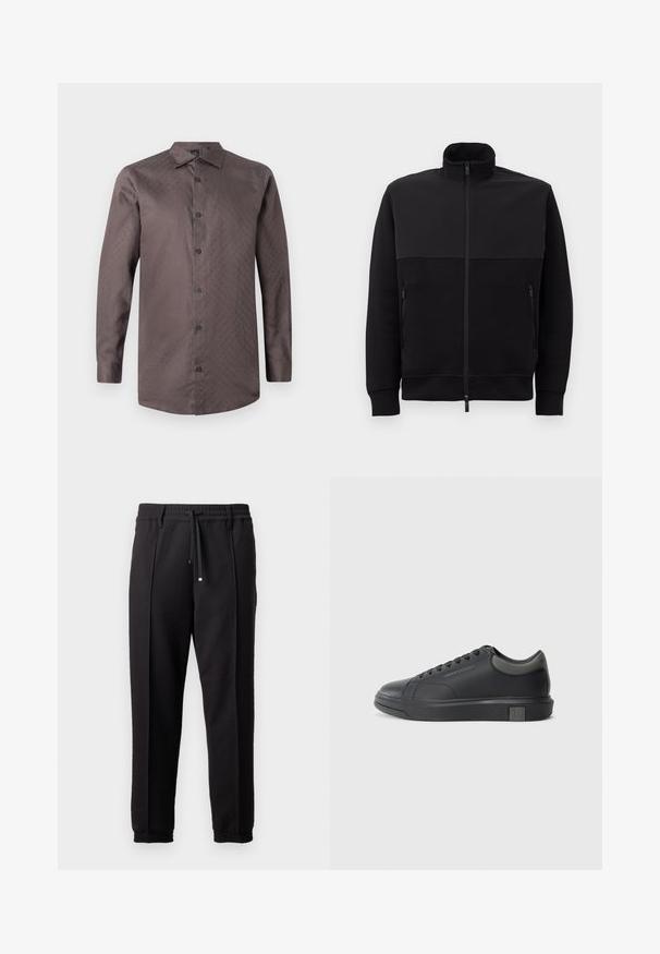 Čierna bunda na zips s vysokým golierom, dvoma zipsovými bočnými vreckami a manžetami s rebrovaním, položená na bielom pozadí.; Hnedá dlhá rukávová košeľa na gombíky s jemným vzorom. Má klasický golier a čierne gombíky, vyrobená z hladkej tkaniny.; Čierne nohavice s pásom, šnúrkou na stiahnutie a elastickými manžetami. Obsahujú pútkové prešitia a hladkú, textúrovanú látku.; Čierne kožené tenisky s hladkým povrchom, zaoblenou špičkou a tmavošedými akcentmi. Obsahujú šnurovací dizajn a štruktúrovanú gumovú podrážku.