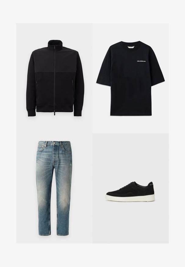 Črna jakna s polnim zadrgo in visokim ovratnikom, z dvema stranskima žepoma z zadrgo in rebrastimi manšetami, položena na belem ozadju.; Črna bombažna majica s kratkimi rokavi, okroglim izrezom in majhnim belim logotipom "HOLZWEILER" na sprednji strani, ki se ponaša s ohlapnim krojem.; Svetlo modri traper hlače s ravnim krojem. Imajo gumbasto zapenjanje, pet žepov ter subtilne zbledelosti in gube na stegnih.; Črni semiš teniški copati z vezalkami in kontrastnim belim gumijastim podplatom. Imajo teksturirane stranske panele in subtilno oznako na peti.