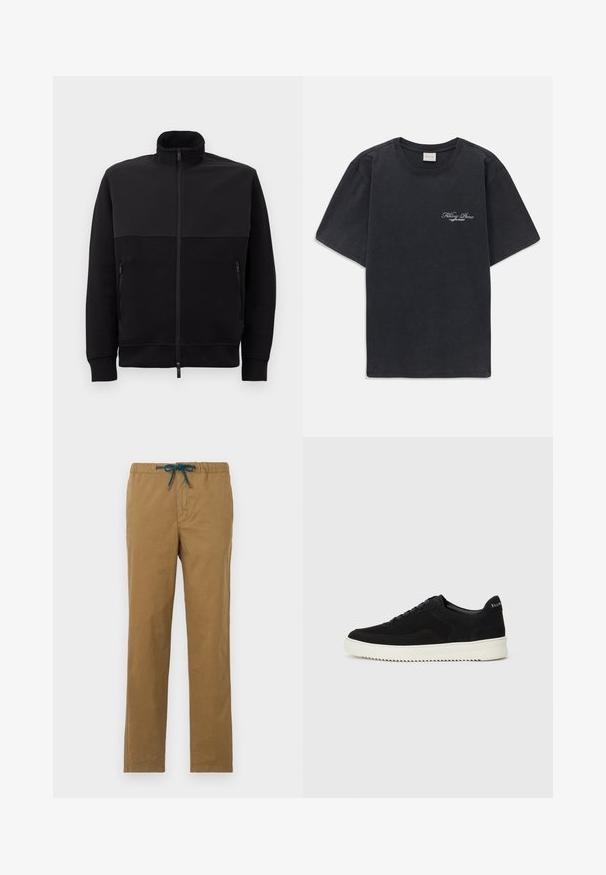 Veste noire zippée intégrale avec col haut, deux poches latérales zippées et poignets côtelés, posée à plat sur un fond blanc.; T-shirt noir à manches courtes et col rond avec un petit logo « Filling Pieces » en blanc sur la poitrine gauche.; Pantalon en coton marron avec cordon de serrage à la taille en teal. Le design présente des jambes droites sans poches visibles ni embellissements.; Baskets en daim noir avec un design à lacets et une semelle en caoutchouc blanc contrastant. Comprend des panneaux latéraux texturés et un logo subtil sur le talon.