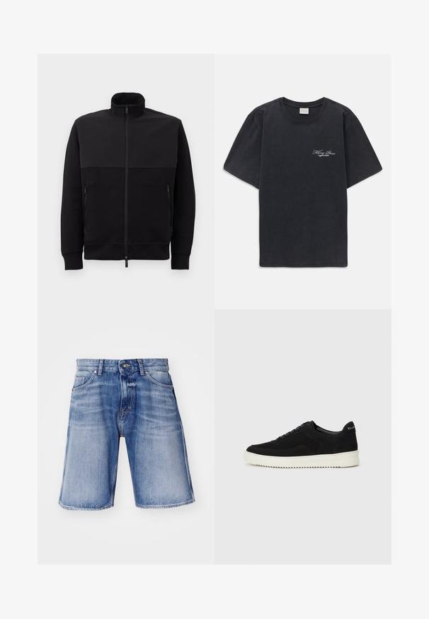 Svart full-zip jakke med høy krage, to glidelåslommer på siden og ribbestrikkede mansjetter, lagt flatt på en hvit bakgrunn.; Svart kortermet t-skjorte med rund hals og liten hvit "Filling Pieces" tekstlogo på venstre bryst.; Jeanshorts i lyseblått med falmede områder, knapplukking, to frontlommer og kontraststikking langs sømmene.; Svart semsket sneakers med snøring og kontrasterende hvit gummisåle. Har teksturerte sidepaneler og subtil merkevare på hælen.