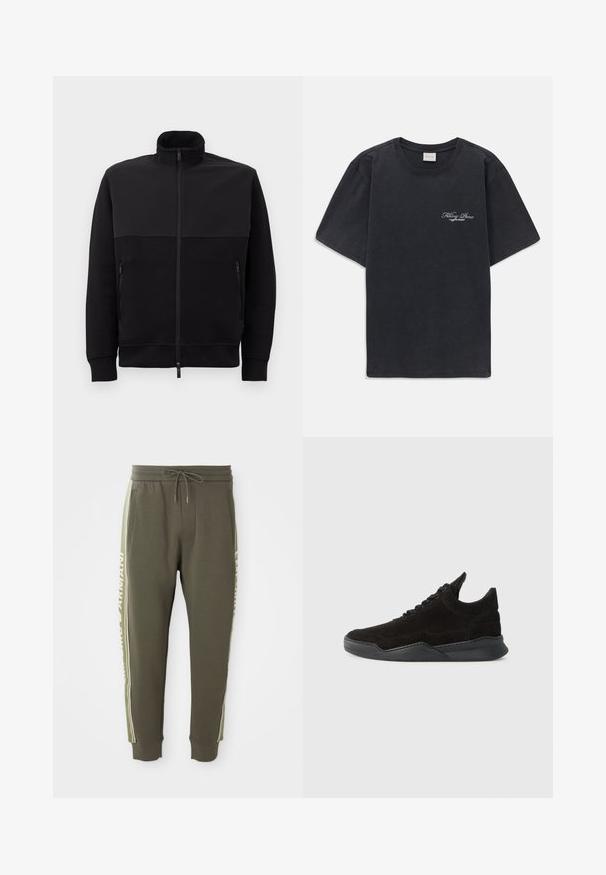 Melnā pilna rāvējslēdzēja jaka ar augstu apkakli, divām rāvējslēdzēja sānu kabatām un ribotām piedurknēm, novietota uz balta fona.; Melna īsās piedurknes T-kreklā ar mazu balto "Filling Pieces" tekstu logotipu uz kreisā krūšu.; Olivzālie sporta bikses, kas izgatavotas no mīkstas auduma, ar aukliņu viduklī, ar sānu svītrām un baltu uzrakstu gar ārējām šuvēm.; Melnas zamšādas sporta kurpes ar zemu profilu, teksturētu augšdaļu, plakaniem šņorēm un cietu gumijas zolīti ar nelielu papēdi un izliekumu dizainā.