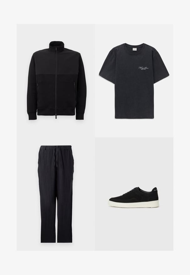 Melnā pilna rāvējslēdzēja jaka ar augstu apkakli, divām rāvējslēdzēja sānu kabatām un ribotām piedurknēm, novietota uz balta fona.; Melna īsās piedurknes T-kreklā ar mazu balto "Filling Pieces" tekstu logotipu uz kreisā krūšu.; Melni lina bikses ar aukliņu jostu, taisnu kāju dizainu un divām kabatām, ar vieglu un elpojošu tekstūru.; Melnas zamšas kedas ar auklām un kontrastējošu baltu gumijas zoli. Iekļauj teksturētas sānu panēles un diskretu zīmolu uz papēža.