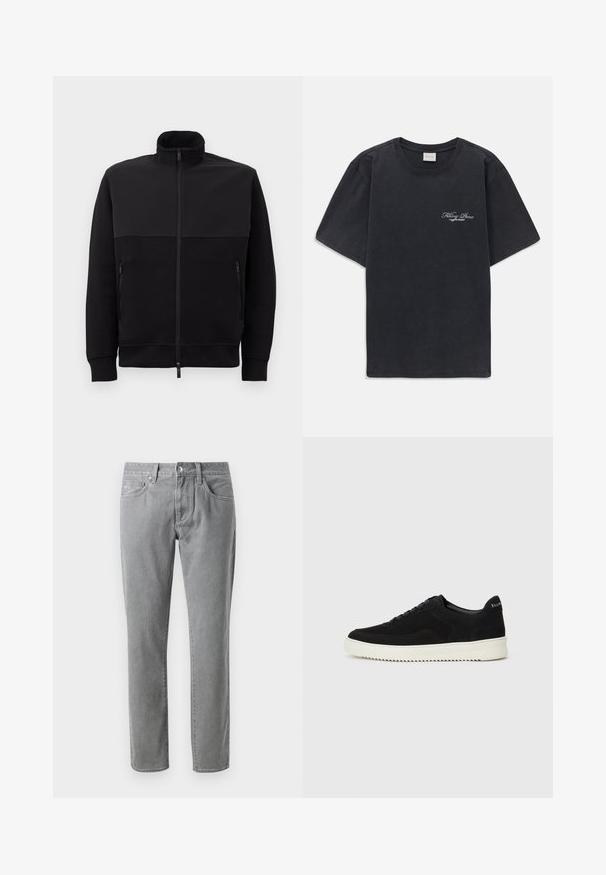 Čierna bunda na zips s vysokým golierom, dvoma zipsovými bočnými vreckami a manžetami s rebrovaním, položená na bielom pozadí.; Čierne tričko s krátkym rukávom a okrúhlym výstrihom s malým bielym textovým logom "Filling Pieces" na ľavej hrudi.; Sivé džínsy s rovnými nohavicami, ktoré majú päť vreciek, predné zapínanie na gombík a svetlé kontrastné šitie.; Čierne semišové tenisky s šnurovacím dizajnom a kontrastnou bielou gumovou podrážkou. Obsahujú štruktúrované bočné panely a jemné logo na päte.