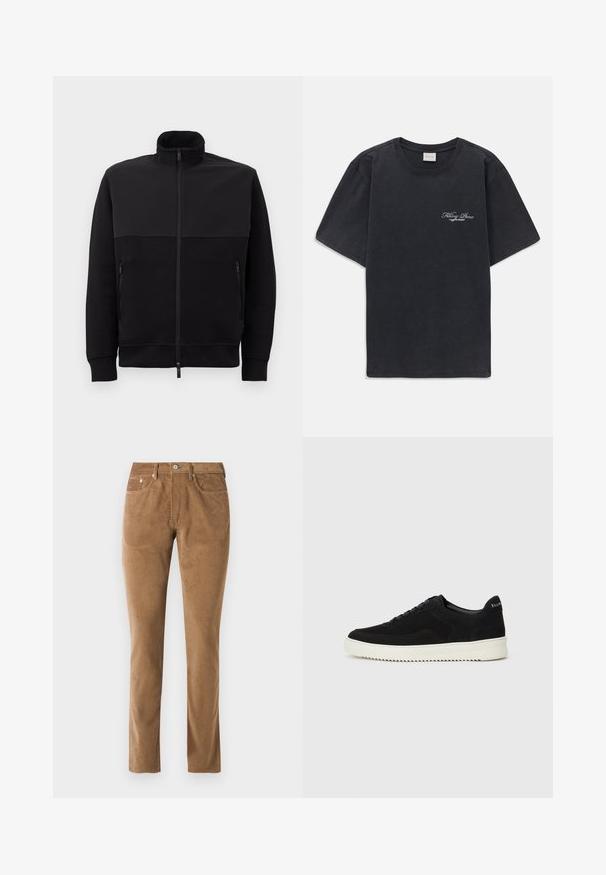 Juodas pilnai užtraukiamas švarkas su aukštu apykakle, dviem užtraukiamomis šoninėmis kišenėmis ir suribotomis rankovėmis, išklotas ant balto fono.; Juodas trumpomis rankovėmis, apvaliu kaklu marškinėliai su mažu baltu "Filling Pieces" tekstiniu logotipu kairiajame krūtinės kampe.; Rudos kordūrinis kelnes su pritaikytu siluetu, turinčios penkias kišenes, mygtuko uždarymą ir siuvinėjimus prie siūlių.; Juodos veliūrinės sportinės bateliai su raištelių dizainu ir kontrastinga balta gumine padais. Yra tekstūruoti šoniniai skydeliai ir subtilus logotipas ant kulno.