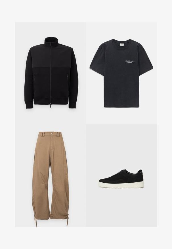 Juodas pilnai užtraukiamas švarkas su aukštu apykakle, dviem užtraukiamomis šoninėmis kišenėmis ir suribotomis rankovėmis, išklotas ant balto fono.; Juodas trumpomis rankovėmis, apvaliu kaklu marškinėliai su mažu baltu "Filling Pieces" tekstiniu logotipu kairiajame krūtinės kampe.; Šviesiai rudos spalvos kelnės „cargo“ stiliaus, pagamintos iš šviesios rudos medžiagos, turi dvi šonines kišenes, laisvesnį kirpimą, raišteliais reguliuojamą apačią ir mygtuką užsegimui liemens srityje.; Juodos veliūrinės sportinės bateliai su raištelių dizainu ir kontrastinga balta gumine padais. Yra tekstūruoti šoniniai skydeliai ir subtilus logotipas ant kulno.