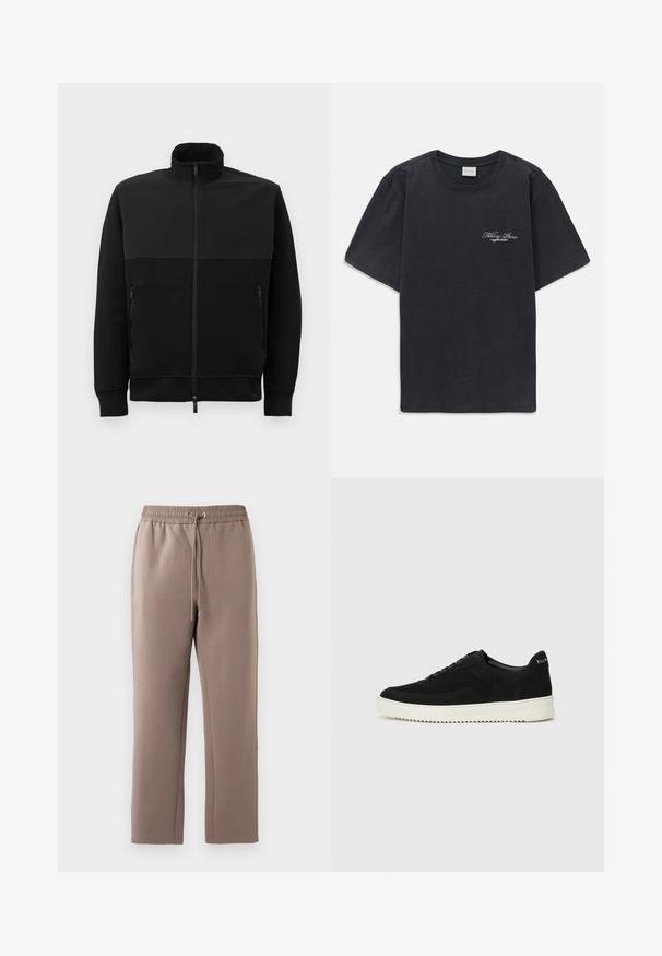 Jachetă neagră cu fermoar complet, cu guler înalt, două buzunare laterale cu fermoar și manșete cu model din fibră, întinsă pe un fundal alb.; Tricou negru cu mânecă scurtă și gât rotund, având un mic logo alb "Filling Pieces" pe partea stângă a pieptului.; Pantaloni de trening maro, cu talie medie, dintr-un material moale, având un pantaloni cu elastic și șnur, buzunare laterale și picioare drepte.; Adidași negri din suede cu design cu șireturi și talpă din cauciuc alb contrastant. Prezintă panouri laterale texturate și branding subtil pe toc.