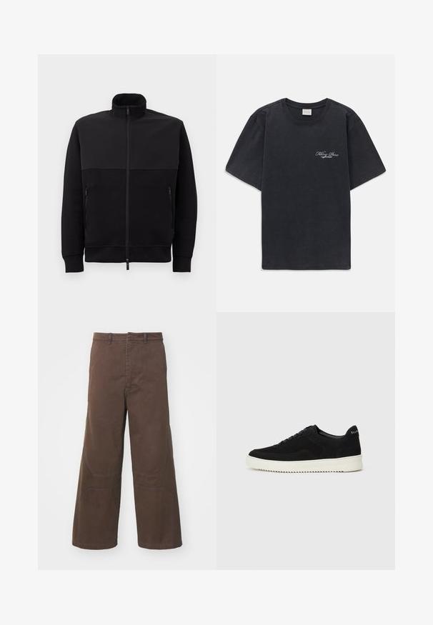 Chaqueta negra con cremallera completa y cuello alto, con dos bolsillos laterales con cremallera y puños acanalados, dispuesta sobre un fondo blanco.; Camisa de tirantes negra con cuello redondo y logo pequeño en blanco de "Filling Pieces" en el lado izquierdo del pecho.; Pantalones de pierna ancha marrones hechos de algodón resistente. Cuenta con bolsillos frontales de parche y detalles reforzados en las rodillas para mayor funcionalidad.; Zapatilla de ante negra con diseño de cordones y suela de goma blanca contrastante. Presenta paneles laterales texturizados y un sutil logo en el talón.