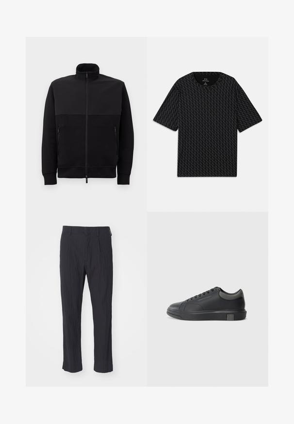 Svart heldraget jacka med hög krage, två sidofickor med dragkedja och ribbade ärmslut, liggande platt på en vit bakgrund.; Svart T-shirt med ett strukturerat mönster av växlande 'A'-logotyper, korta ärmar och rundad halsringning. Tillverkad av lättviktsmaterial.; Svarta veckade byxor med en texturerad tyg, med rak bendesign och standardmidja. Inga synliga fickor eller hårdvara.; Svart lädersneaker med slät yta, rund tå och mörkgrå accenter. Har snörningsdesign och texturerad gummisula.