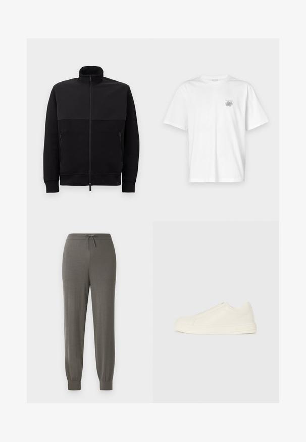 Black full-zip jacket with high collar, two zippered side pockets, and ribbed cuffs, laid flat on a white background.; White t-shirt made of cotton featuring short sleeves, a crew neck, and a small gray logo on the left chest area. Smooth texture.; Gray jogger pants with a drawstring waist, tapered cuffs, soft fabric texture, and a smooth, minimalistic design.; Low-top beige leather sneaker with a round toe, minimal stitching, and a side zipper closure on a white background.