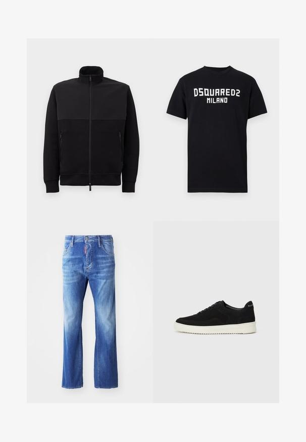 Black full-zip jacket with high collar, two zippered side pockets, and ribbed cuffs, laid flat on a white background.; Black short-sleeve T-shirt with white "DSQUARED2 MILANO" text centered on the chest, crew neck, and straight hem.; Light blue denim jeans with a relaxed fit, featuring a faded wash, straight legs, five-pocket design, and a red label at the waistband.; Black suede sneaker with lace-up design and contrasting white rubber sole. Features textured side panels and subtle branding on the heel.
