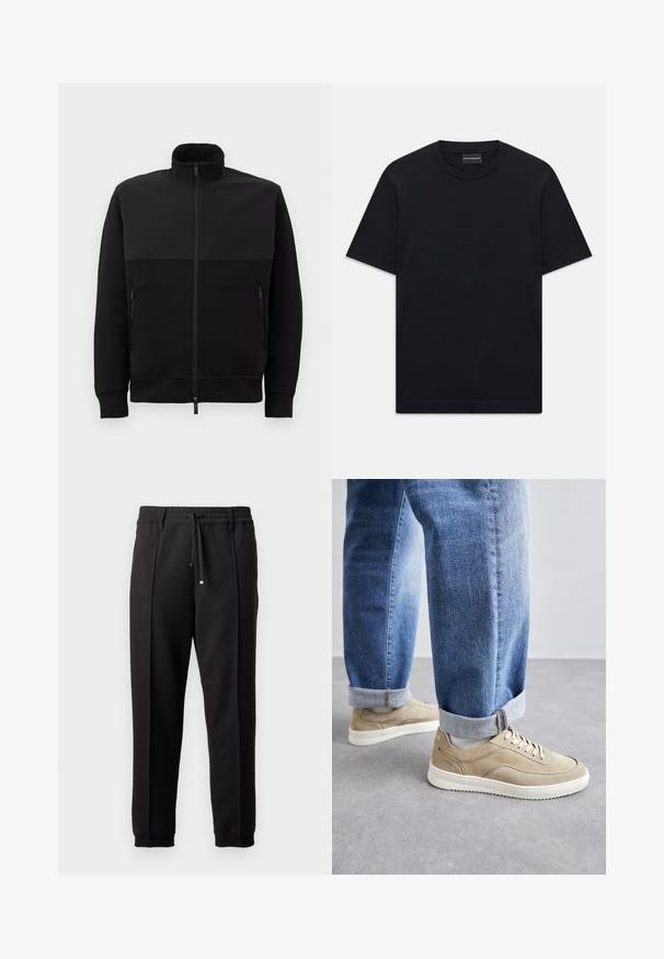 Black full-zip jacket with high collar, two zippered side pockets, and ribbed cuffs, laid flat on a white background.; Black short-sleeve crew neck T-shirt with subtle embossed logo design centered on the chest and a branded tag inside the collar.; Black trousers with a waistband, drawstring, and elastic cuffs. Features pleats and a smooth, textured fabric.; Beige suede sneakers with white rubber soles, featuring tonal laces and subtle side stitching, paired with rolled-up light blue denim jeans.