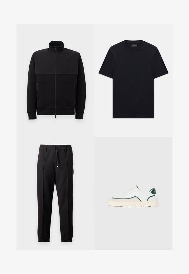 Crna jakna s punim patentnim zatvaračem i visokim ovratnikom, s dva bočna džepa na patent zatvarač i rebrastim manžetama, položena ravno na bijeloj pozadini.; Crna majica kratkih rukava s okruglim izrezom, s blagim reljefnim logotipom smještenim u središtu prsnog dijela i oznakom branda unutar ovratnika.; Crne hlače s pojasom, vezicom i elastičnim rubovima. Imaju nabore i glatku, teksturiranu tkaninu.; Bijele niske tenisice s zelenim detaljima, bež sušnom oblogom i kremasto bijelim potplatom s rebrastim dnom.
