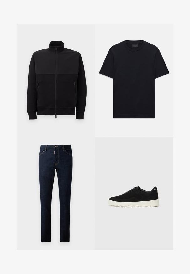 Čierna bunda na zips s vysokým golierom, dvoma zipsovými bočnými vreckami a manžetami s rebrovaním, položená na bielom pozadí.; Čierne tričko s krátkym rukávom a okrúhlym výstrihom so subtilným embosovaným logom umiestneným na hrudi a značkovou nálepkou vo vnútri goliera.; Tmavomodré džínsy s úzkym strihom, s kontrastným šitím, gombíkovým zapínaním a dizajnom so piatimi vreckami. Hladká textúra a odolná látka.; Čierne semišové tenisky s šnurovacím dizajnom a kontrastnou bielou gumovou podrážkou. Obsahujú štruktúrované bočné panely a jemné logo na päte.
