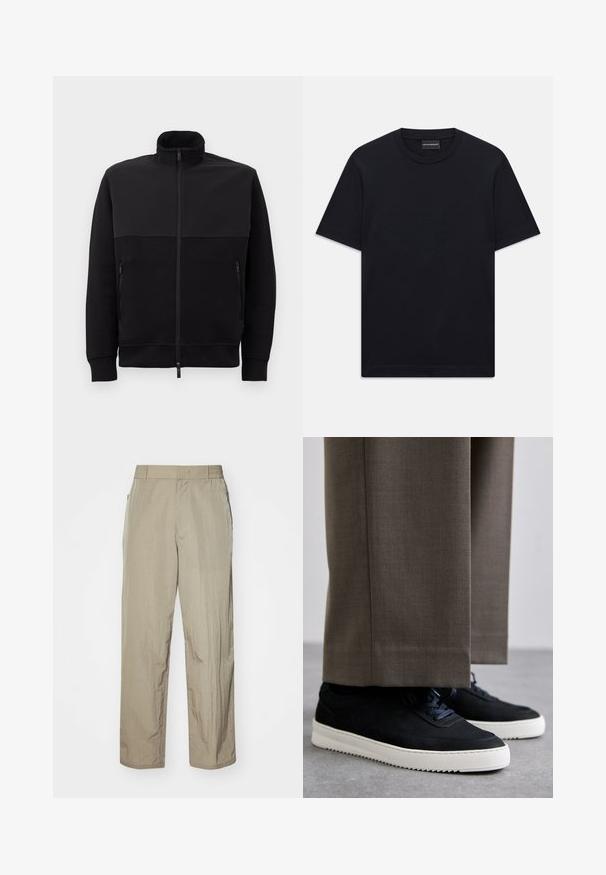 Juodas pilnai užtraukiamas švarkas su aukštu apykakle, dviem užtraukiamomis šoninėmis kišenėmis ir suribotomis rankovėmis, išklotas ant balto fono.; Juoda trumpo rankovės marškinėliai su apvalia iškirpte, su subtiliu iškilniu logotipo dizainu viduryje krūtinės ir ženklu vidinėje apykaklės pusėje.; Šviesiai rudos spalvos lengvi kelnės su laisvu kirpimu, turinčios elastingą juosmenį ir šonines kišenes. Audinys atrodo tekstūruotas ir šiek tiek susiraukšlėjęs.; Juodi zomšiniai sportbačiai su baltais guminiais padais, su apvalia nosimi ir raišteliais, dėvimi su pilkais pritaikytais kelnais.