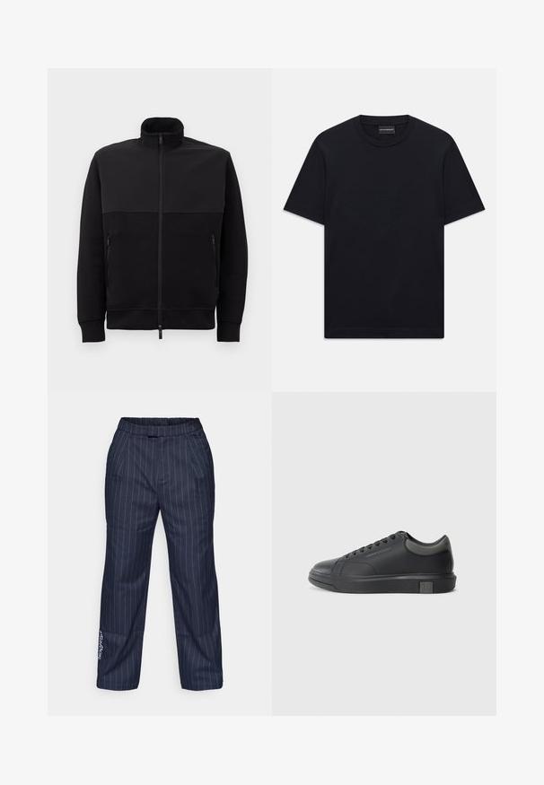 Svart full-zip jakke med høy krage, to glidelåslommer på siden og ribbestrikkede mansjetter, lagt flatt på en hvit bakgrunn.; Svart kortermet T-skjorte med rund hals og subtil preget logo-design sentrert på brystet, samt et merke inne i halsen.; Marineblå pinstripede bukser med elastisk midje, to lommer foran og brodert logodetalj nær kanten. Glatt stofftekstur.; Sorte lærersneakers med en glat finish, rund tå og mørkegrå detaljer. Har snørebånd og en struktureret gummisål.