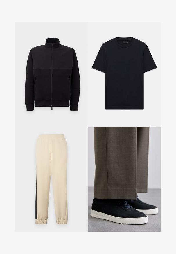 Čierna bunda na zips s vysokým golierom, dvoma zipsovými bočnými vreckami a manžetami s rebrovaním, položená na bielom pozadí.; Čierne tričko s krátkym rukávom a okrúhlym výstrihom so subtilným embosovaným logom umiestneným na hrudi a značkovou nálepkou vo vnútri goliera.; Krémové teplákové nohavice s čiernymi bočnými pruhmi, elastickým pásom a rebrovanými manžetami. Mäkka látka s voľným strihom.; Čierne semišové tenisky s bielymi gumovými podrážkami, s okrúhlym prstom a šnúrkami, nosené s šedými vypracovanými nohavicami.