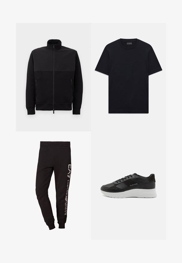 Svart heldraget jacka med hög krage, två sidofickor med dragkedja och ribbade ärmslut, liggande platt på en vit bakgrund.; Svart kortärmad T-shirt med rund halsringning och subtilt upphöjd logodesign centrerad på bröstet samt en märkeslapp inuti kragen.; Svarta sweatpants i mjukt tyg, med en tapered design, elastisk midja och vit tryckt branding på vänster ben.; Svarta lädersneakers med suedekanter, rund tå, vit gummisula och stickade detaljer. Logotyp tryckt på sidan. Klassisk snörningsdesign.