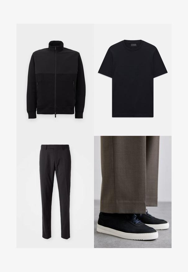 Črna jakna s polnim zadrgo in visokim ovratnikom, z dvema stranskima žepoma z zadrgo in rebrastimi manšetami, položena na belem ozadju.; Črna kratka majica s kratkimi rokavi z okroglim izrezom, z diskretno embosirano logotipno zasnovo, ki je osredotočena na prsih, ter oznako blagovne znamke znotraj ovratnika.; Črne krojene hlače s ravnim sprednjim delom, ožjim krojem, zankami za pas in gladko teksturo. Primerne za formalna ali poslovna oblačila.; Črne nubuk teniske z belimi gumijastimi podplati, ki imajo zaobljen nos in vezalke, oblečene z sivimi krojenimi hlačami.
