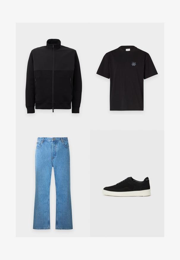 Zwarte full-zip jack met hoge kraag, twee ritszakken aan de zijkanten en geribbelde manchetten, plat gelegd op een witte achtergrond.; Zwarte katoenen T-shirt met een ronde hals en korte mouwen. Heeft een klein blauw logo op de linkerkant van de borst. Eenvoudig, recht gesneden ontwerp.; Lichtblauwe denim wijde jeans met een hoge taille, vijf zakken en subtiele vervaging. Voorzien van stikselaccenten en een knoopsluiting.; Zwarte suède sneakers met vetersluiting en contrasterende witte rubberen zool. Voorzien van textuurpanelen aan de zijkanten en subtiele branding op de hiel.