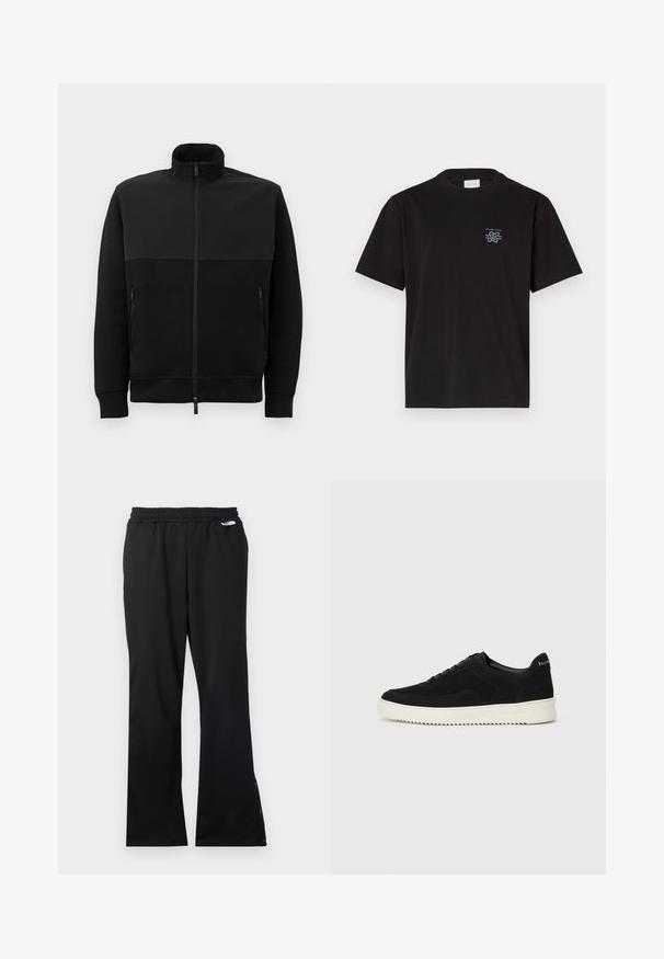 Svart full-zip jakke med høy krage, to glidelåslommer på siden og ribbestrikkede mansjetter, lagt flatt på en hvit bakgrunn.; Svart bomulls T-skjorte med rund hals og korte ermer. Har en liten blå logo på venstre bryst. Enkel, rettskåret design.; Sorte treningbukser med teksturert stoff, elastisk midje og knapper ved anklene for justerbar passform. Flat foran og rette ben.; Svart semsket sneakers med snøring og kontrasterende hvit gummisåle. Har teksturerte sidepaneler og subtil merkevare på hælen.