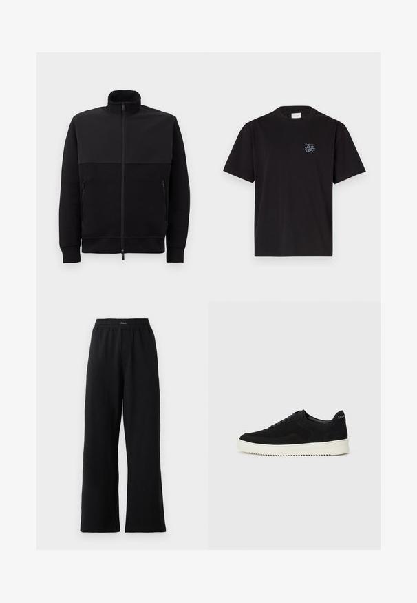 Sort jakke med fuld lynlås og høj krave, to lynlåslommer på siden og ribbede manchetter, lagt fladt på en hvid baggrund.; Sort bomulds t-shirt med rund hals og korte ærmer. Har et lille blåt logo på venstre bryst. Simpel, lige snit design.; Sorte sweatpants lavet af blødt stof, med elastisk talje, lige ben-design og uden synlige mønstre eller detaljer.; Sort ruskinds sneaker med snørebånd og kontrasterende hvid gummisål. Har teksturerede sidepaneler og diskret branding på hælen.