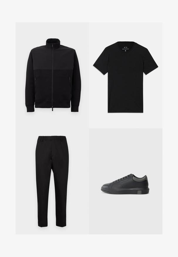 Melnā pilna rāvējslēdzēja jaka ar augstu apkakli, divām rāvējslēdzēja sānu kabatām un ribotām piedurknēm, novietota uz balta fona.; Melnā kokvilnas T-kreklā ir īsas piedurknes, apaļa kakla izgriezums un uzlīme ar zīmola logo iekšējā apkaklē.; Melni bikses ar elastīgu jostasvietu, sašaurinātām kājām un gludu tekstūru. Iezīmē minimālas šuves bez redzamām detaļām vai akcentiem.; Melna ādas sporta apavi ar gludu apdari, noapaļotu purngali un tumši pelēkiem akcentiem. Aprīkoti ar šņorēšanas dizainu un strukturētu gumijas zoli.