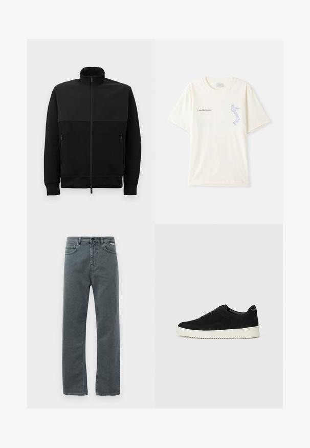 Melnā pilna rāvējslēdzēja jaka ar augstu apkakli, divām rāvējslēdzēja sānu kabatām un ribotām piedurknēm, novietota uz balta fona.; Balts kokvilnas T-krekls ar īsām piedurknēm, ar melnu un zilu grafiku "United By Rhythm" uz krūtīm. Apaļš kakla izgriezums.; Pelēki džinsi ar taisnu kāju griezumu, piecām kabatām un pogu aizdari. Iezīmējas ar diskrētu šuvumu un klasisku, minimālistisku dizainu.; Melnas zamšas kedas ar auklām un kontrastējošu baltu gumijas zoli. Iekļauj teksturētas sānu panēles un diskretu zīmolu uz papēža.