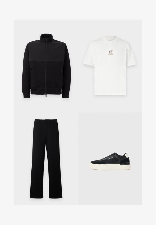 Črna jakna s polnim zadrgo in visokim ovratnikom, z dvema stranskima žepoma z zadrgo in rebrastimi manšetami, položena na belem ozadju.; Bela bombažna majica s krožnim izrezom. Ima majhen bež logotip "A|X" in "ARMANI EXCHANGE" napisano spodaj. Kratke rokave, običajen kroj.; Črne hlače ravnega kroja, izdelane iz bombažne tkanine, z gumbom za zapiranje in žepi, z gladko teksturo.; Črne superge iz mrežastega materiala in usnja, z debelim belim podplatom in kontrastnimi poudarki. Pertle in detajl logotipa ob strani.