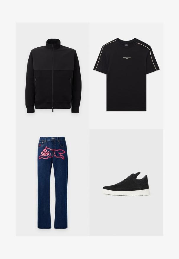 Černá bunda na zip s vysokým límcem, dvěma bočními kapsami na zip a žebrovanými manžetami, položená na bílé ploše.; Černé bavlněné tričko s krátkým rukávem, kulatým výstřihem, béžovým kontrastním prošitím na ramenou a logem ARMANI EXCHANGE uprostřed.; Džínové kalhoty s rovnými nohavicemi. Tmavě modrá barva, na zadní kapse je velký design růžové kočky. Klasický kovový knoflík a nýty.; Černé semišové tenisky s bílou gumovou podrážkou, s tónovým prošitím a šněrováním. Hladký povrch s moderním, aerodynamickým tvarem.