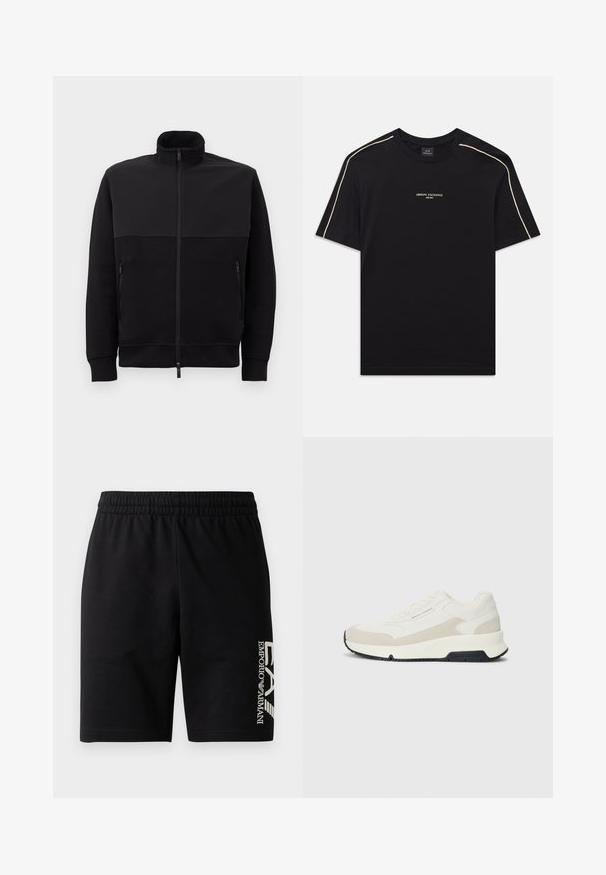 Svart full-zip jakke med høy krage, to glidelåslommer på siden og ribbestrikkede mansjetter, lagt flatt på en hvit bakgrunn.; Svart bomulls t-skjorte med korte ermer, rund hals, beige detaljer på skuldrene, og ARMANI EXCHANGE-logoen i midten.; EA7 Emporio Armani TRAIN VISIBILITY - Shorts - black/cream; Hvit og beige lavsnøring sneaker med snøring foran, svart såle, og "Armani Exchange" merking på siden og sålen.