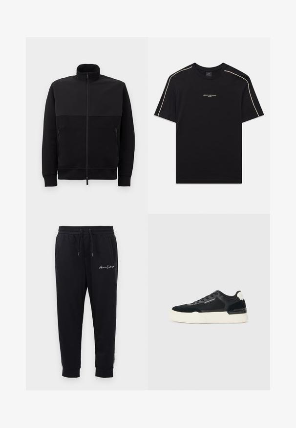 Fekete, teljes hosszúságú, cipzáros dzseki magas gallérral, két cipzáras oldalzsebbel és bordázott mandzsettával, fehér háttéren fekve.; Fekete pamut póló rövid ujjakkal, kerek nyakkivágással, bézs díszvarrással a vállakon, és ARMANI EXCHANGE logóval a középen.; Fekete melegítőnadrág, puha anyagból, rugalmas derékkal és zsinórral, hímzett logóval és cipzáras zsebekkel.; Fekete sneaker, amely hálós és bőrből készült, vastag fehér talppal és kontrasztos díszítőelemekkel. Fűzők és logó részlet az oldalon.