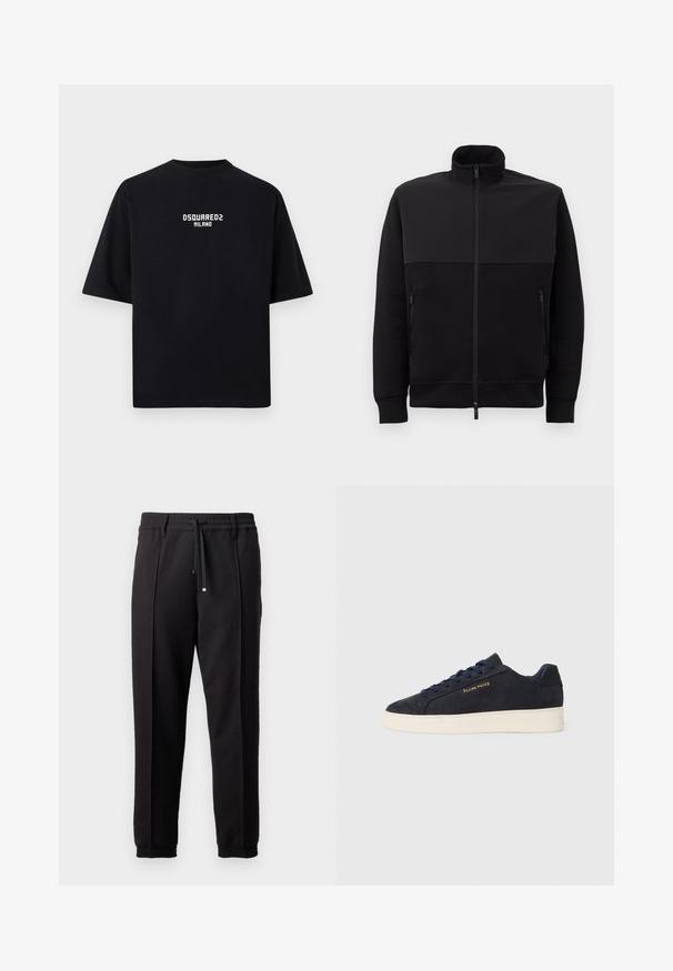 Musta täysipitkä vetskari takki, jossa on korkea kaulus, kaksi vetoketjullista sivutaskua ja ribbaalimuotoillut hihansuut, asetettuna litteäksi valkoista taustaa vasten.; Musta puuvillainen lyhythihainen t-paita, pyöreällä pääntiellä ja valkoisella isoilla kirjaimilla tekstillä "DSQUARED2 MILANO" keskitettynä etupuolelle.; Mustat housut, joissa on vyötäröhine, naru ja joustavat hihnat. Ominaisuuksiin kuuluvat pleatit ja sileä, teksturoitu kangas.; Navy sinivuori matalavartiset tennarit valkoisella pohjalla, laivastonsiniset nauhat ja "Filling Pieces" -logo kullassa sivussa.