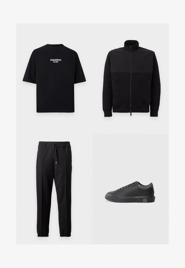 Fekete, teljes hosszúságú, cipzáros dzseki magas gallérral, két cipzáras oldalzsebbel és bordázott mandzsettával, fehér háttéren fekve.; Fekete pamut póló rövid ujjakkal, kerek nyakkivágással, középre helyezett fehér, nagybetűs "DSQUARED2 MILANO" felirattal az elején.; Fekete nadrág derékpánttal, húzózsinórral és rugalmas mandzsettákkal. Jellemző rá a pliszírozás és a sima, textúrált anyag.; Fekete bőrlábbeli sima felülettel, kerek orral és sötétszürke kiegészítőkkel. Fűzős kialakítású és texturált gumitalppal rendelkezik.