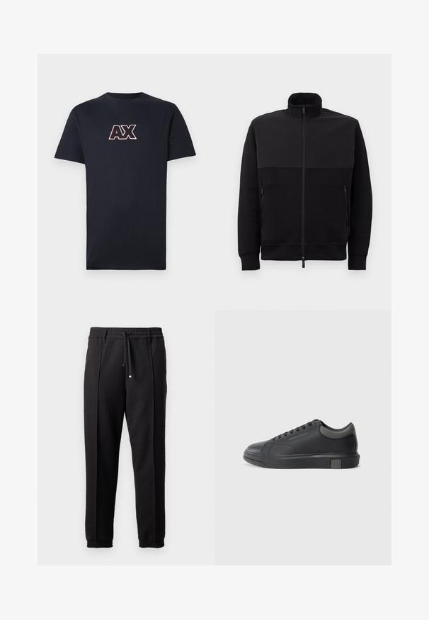 Svart full-zip jakke med høy krage, to glidelåslommer på siden og ribbestrikkede mansjetter, lagt flatt på en hvit bakgrunn.; Mørkeblå bomull t-skjorte med kort erm og rund hals. Har et fremtredende rødt og hvitt "AX"-logo på forsiden.; Sorte bukser med liv, snor og elastiske mansjetter. Har plisséer og et glatt, teksturert stoff.; Sorte lærersneakers med en glat finish, rund tå og mørkegrå detaljer. Har snørebånd og en struktureret gummisål.