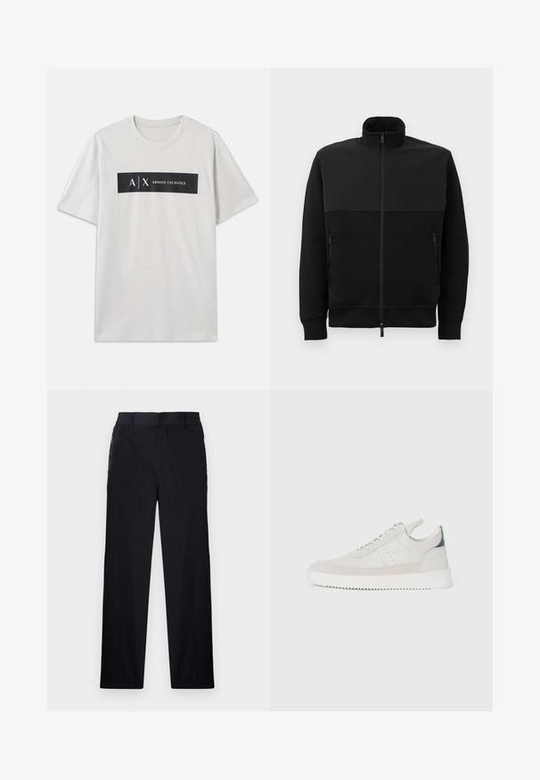 Melnā pilna rāvējslēdzēja jaka ar augstu apkakli, divām rāvējslēdzēja sānu kabatām un ribotām piedurknēm, novietota uz balta fona.; Gaiši pelēks īsām piedurknēm T-krekls, izgatavots no kokvilnas. Tas satur melnu taisnstūra grafiku ar tekstu "A/X" un "ARMANI EXCHANGE" baltā krāsā.; Melni bikses ar vieglu, teksturētu audumu, taisnu kāju dizainu, elastīgu jostu un sānu rāvējslēdzēju kabatām.; Baltas ādas sporta apavi ar pelēka zamšādas akcentiem, saistoša dizaina, ar vilkšanas cilpu un teksturētu gumijas zoli, kas raksturojas ar zigzag rakstu.