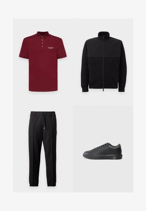 Černá bunda na zip s vysokým límcem, dvěma bočními kapsami na zip a žebrovanými manžetami, položená na bílé ploše.; Armani Exchange Polotričko - cabernet; Černé kalhoty s páskem, šňůrkou na stažení a elastickými manžetami. Obsahují sklady a hladkou, strukturovanou látku.; Černé kožené tenisky s hladkým povrchem, zaoblenou špičkou a tmavě šedými akcenty. Disponují šněrovacím designem a texturovanou gumovou podrážkou.