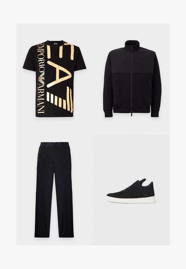 Jachetă neagră cu fermoar complet, cu guler înalt, două buzunare laterale cu fermoar și manșete cu model din fibră, întinsă pe un fundal alb.; Tricou negru din bumbac, cu litere mari metalizate aurii și accente, inclusiv numele mărcii și modele geometrice. Manșoane scurte și gât rotund.; Pantaloni negri dintr-un material ușor, texturat, cu croială drept pentru picioare, talie elastică și buzunare laterale cu fermoar.; Sneakers negre din suede cu o talpă din cauciuc albă, prezentând cusături tonale și un design cu șireturi. Textură netedă cu o formă modernă și aerodinamică.