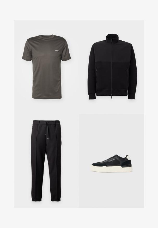 Crna jakna s punim patentnim zatvaračem i visokim ovratnikom, s dva bočna džepa na patent zatvarač i rebrastim manžetama, položena ravno na bijeloj pozadini.; Emporio Armani Osnovna majica kratkih rukava - chimera; Crne hlače s pojasom, vezicom i elastičnim rubovima. Imaju nabore i glatku, teksturiranu tkaninu.; Crne tenisice od mrežaste tkanine i kože, s debelim bijelim potplatom i kontrastnim detaljima. Šnure i logo detalj sa strane.