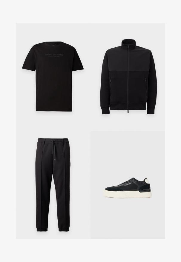 Črna jakna s polnim zadrgo in visokim ovratnikom, z dvema stranskima žepoma z zadrgo in rebrastimi manšetami, položena na belem ozadju.; Črna bombažna majica s kratkimi rokavi in krožnim izrezom. Na sprednji strani je embosirano besedilo "ARMANI EXCHANGE MILANO / NEW YORK".; Črne hlače z pasom, vrvico in elastičnimi manšeti. Imajo nabore in gladko teksturirano blago.; Črne superge iz mrežastega materiala in usnja, z debelim belim podplatom in kontrastnimi poudarki. Pertle in detajl logotipa ob strani.