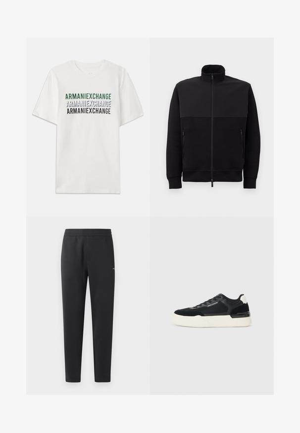 Chaqueta negra con cremallera completa y cuello alto, con dos bolsillos laterales con cremallera y puños acanalados, dispuesta sobre un fondo blanco.; Camiseta blanca de algodón con el texto repetido "ARMANIEXCHANGE" en verde, azul y negro. Manga corta y un clásico escote de cuello redondo.; Pantalones de chándal negros hechos de una tela suave, con una cintura elástica, perneras rectas y un pequeño detalle del logo en el lateral.; Zapatillas negras de malla y cuero, con una suela blanca gruesa y acentos en contraste. Cordones y detalle del logo en el lado.