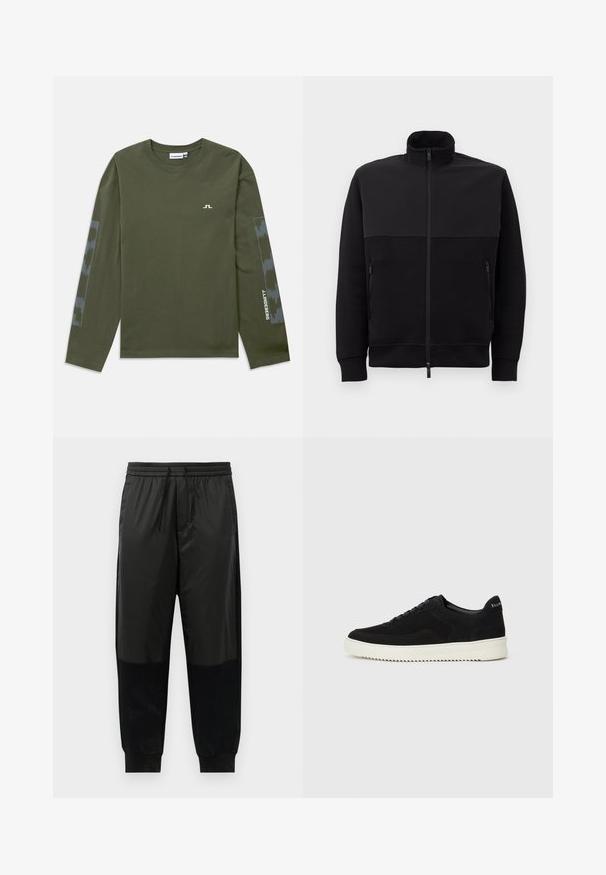 Črna jakna s polnim zadrgo in visokim ovratnikom, z dvema stranskima žepoma z zadrgo in rebrastimi manšetami, položena na belem ozadju.; Oljenkasto zelena majica s dugim rukavima, napravljena od pamuka, s malim bijelim logotipom na grudima i uzorkom u sivoj boji na rukavima.; Črne atletske hlače z mešanico gladkih in teksturiranih tkanin, elastičnim pasom z vrvico in ozkimi manšetami.; Črni semiš teniški copati z vezalkami in kontrastnim belim gumijastim podplatom. Imajo teksturirane stranske panele in subtilno oznako na peti.