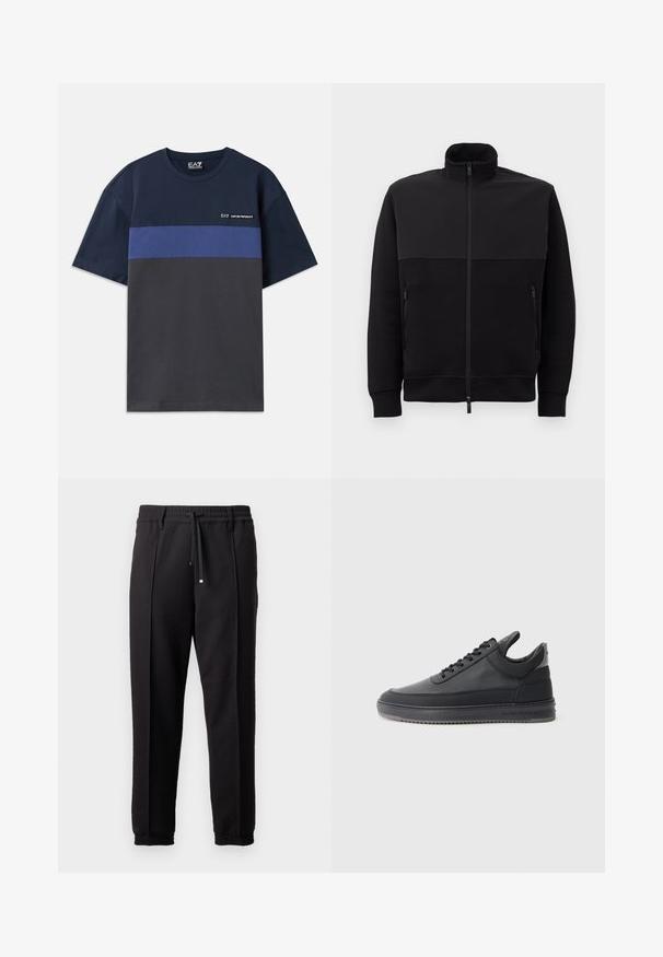 Černá bunda na zip s vysokým límcem, dvěma bočními kapsami na zip a žebrovanými manžetami, položená na bílé ploše.; Námořnická modrá bavlněná tričko s horizontálním modrým pruhem a tmavě šedou spodní částí. Obsahuje malé logo v horním levém rohu.; Černé kalhoty s páskem, šňůrkou na stažení a elastickými manžetami. Obsahují sklady a hladkou, strukturovanou látku.; Černé kožené tenisky s texturovaným povrchem, šněrovacím designem, nízkým střihem a šedou gumovou podrážkou s drážkovaným okrajem.