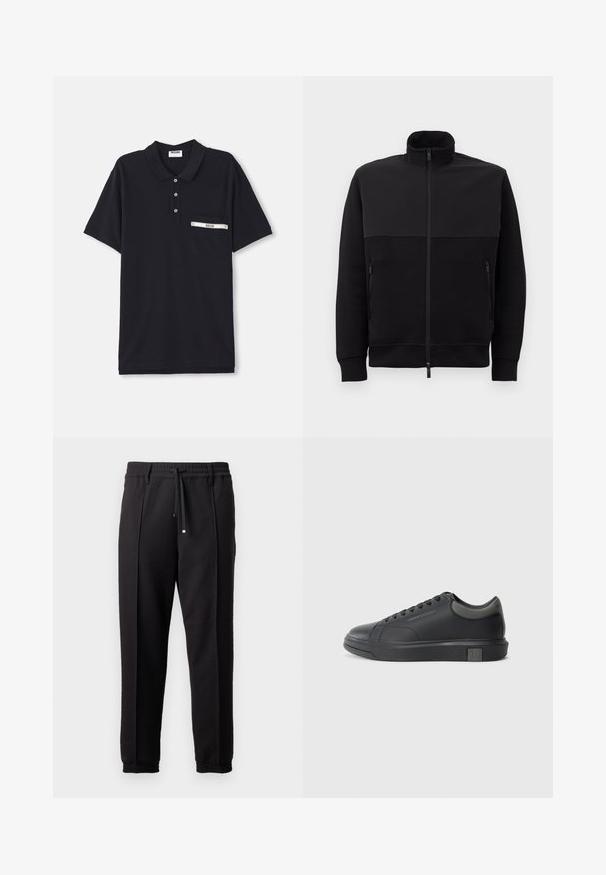Svart full-zip jakke med høy krage, to glidelåslommer på siden og ribbestrikkede mansjetter, lagt flatt på en hvit bakgrunn.; Svart polo-skjorte laget av bomull med treknappslukking, korte ermer og en brystlomme med sølvdetalj og merke.; Sorte bukser med liv, snor og elastiske mansjetter. Har plisséer og et glatt, teksturert stoff.; Sorte lærersneakers med en glat finish, rund tå og mørkegrå detaljer. Har snørebånd og en struktureret gummisål.