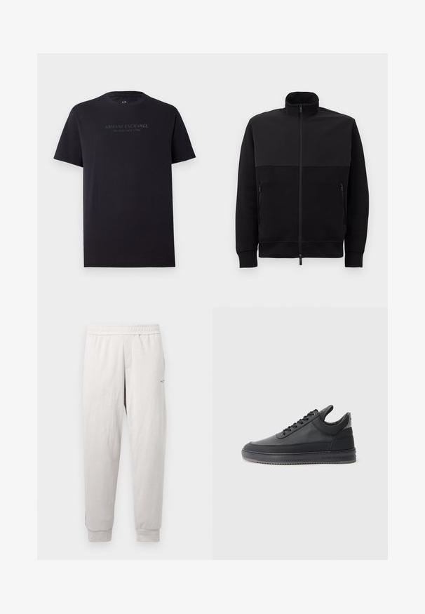 Črna jakna s polnim zadrgo in visokim ovratnikom, z dvema stranskima žepoma z zadrgo in rebrastimi manšetami, položena na belem ozadju.; Črna bombažna majica s kratkimi rokavi, okroglim ovratnikom in rahlo sproščenim krojem. Ima napis "ARMANI EXCHANGE MILANO / NEW YORK" v temno sivi barvi.; Svetlo sivi trenirki z elastičnim pasom, stranskimi žepi, rebrastimi manšetami in subtilnim logotipom na nogi, narejene iz mehkega blaga.; Črne usnjene superge z teksturirano površino, s sistemom vezanja, nizkim zgornjim delom in sivo gumijasto podplato, ki ima rebrast rob.