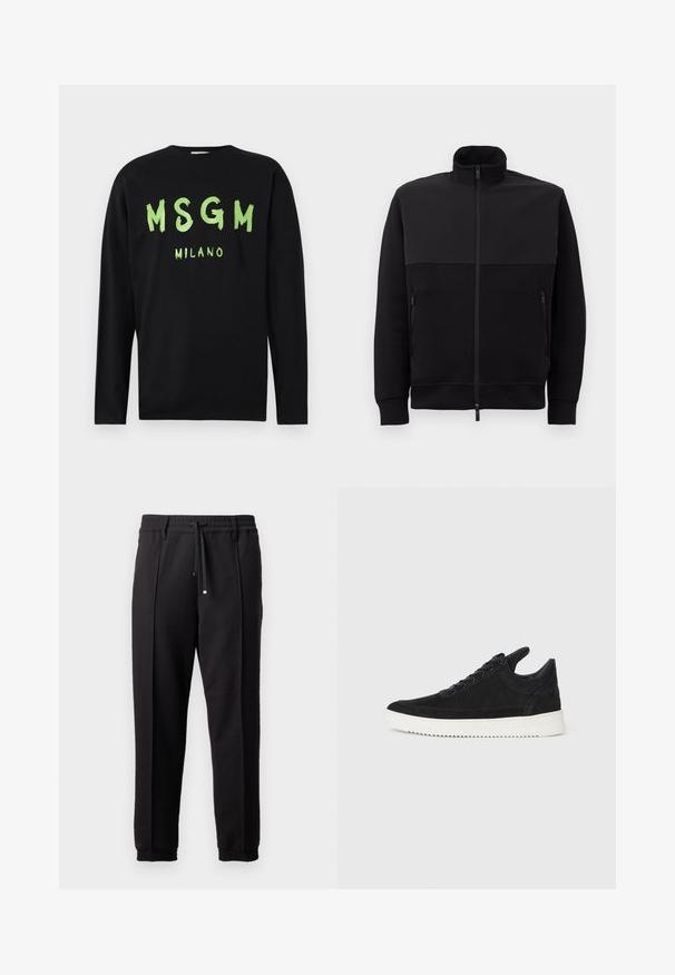 Musta täysipitkä vetskari takki, jossa on korkea kaulus, kaksi vetoketjullista sivutaskua ja ribbaalimuotoillut hihansuut, asetettuna litteäksi valkoista taustaa vasten.; Musta pitkähiha T-paita, joka on valmistettu puuvillasta ja jossa on rohkeaa vihreää sivellintyyliä olevaa tekstiä "MSGM MILANO" edessä.; Mustat housut, joissa on vyötäröhine, naru ja joustavat hihnat. Ominaisuuksiin kuuluvat pleatit ja sileä, teksturoitu kangas.; Mustat mokkasiinikenkiä valkoisella kumipohjalla, jossa on sävy sävyyn ompelu ja nauhakiinnitys. Sujuva pinta ja moderni, virtaviivainen muoto.