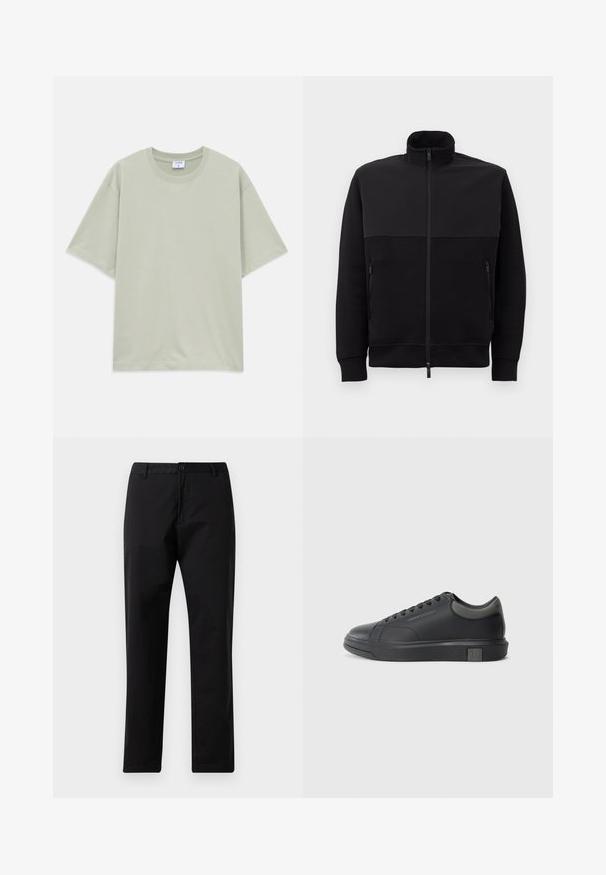 Crna jakna s punim patentnim zatvaračem i visokim ovratnikom, s dva bočna džepa na patent zatvarač i rebrastim manžetama, položena ravno na bijeloj pozadini.; Svijetlozeleni model pamučne majice kratkih rukava, slobodnog kroja s okruglim izrezom, položena ravno na bijeloj pozadini.; Crne hlače ravnog kroja s kopčanjem na dugme i patentnom zatvaraču, petljama za remen i prednjim džepovima, prikazane na bijeloj pozadini.; Crne kožne tenisice s glatkom završnom obradom, okruglim vrhom i tamno sivim detaljima. Imaju vezanje i teksturiranu gumenu potplat.