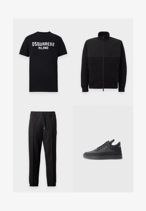 Svart full-zip jakke med høy krage, to glidelåslommer på siden og ribbestrikkede mansjetter, lagt flatt på en hvit bakgrunn.; Svart T-skjorte med korte ermer og hvit "DSQUARED2 MILANO"-tekst midt på brystet, rund hals og rett kant.; Sorte bukser med liv, snor og elastiske mansjetter. Har plisséer og et glatt, teksturert stoff.; svarte lær sneakers med en teksturert overflate, snøring, lav topp, og en grå gummi såle med en ribbet kant.