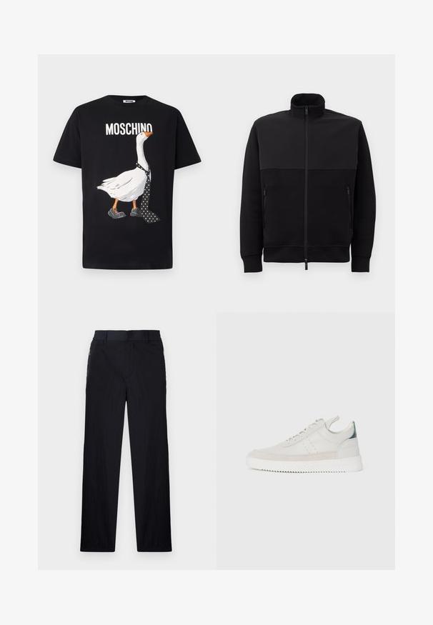 Svart heldraget jacka med hög krage, två sidofickor med dragkedja och ribbade ärmslut, liggande platt på en vit bakgrund.; Svart t-shirt med en vit gåsgrafik som bär prickig slips och svarta skor. "Moschino" är tryckt ovanför designen i vit text.; Svarta byxor med lätt, texturerad tyg, rak benmodell, elastisk midja och sidofickor med dragkedja.; Vita lädersneakers med grå mockadetaljer, snördesign, dragflik och texturerad gummisula med ett zigzag-mönster.